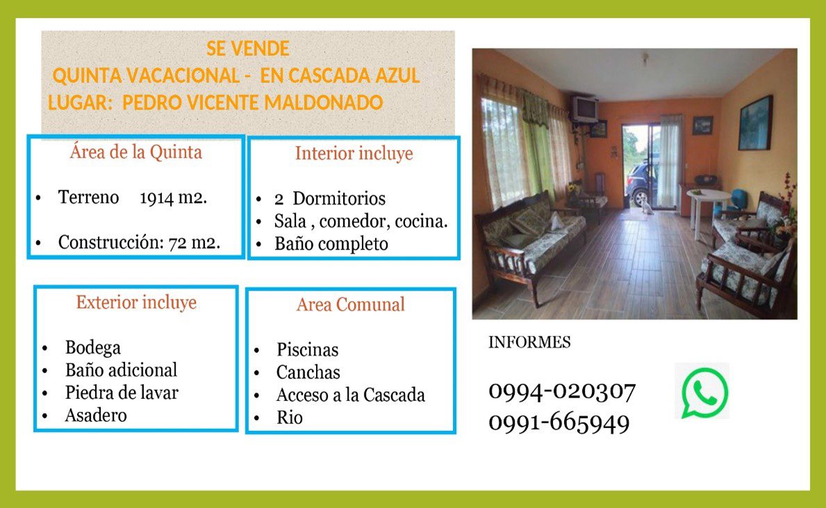 VENTA QUINTA VACACIONAL- PEDRO VICENTE MALDONADO